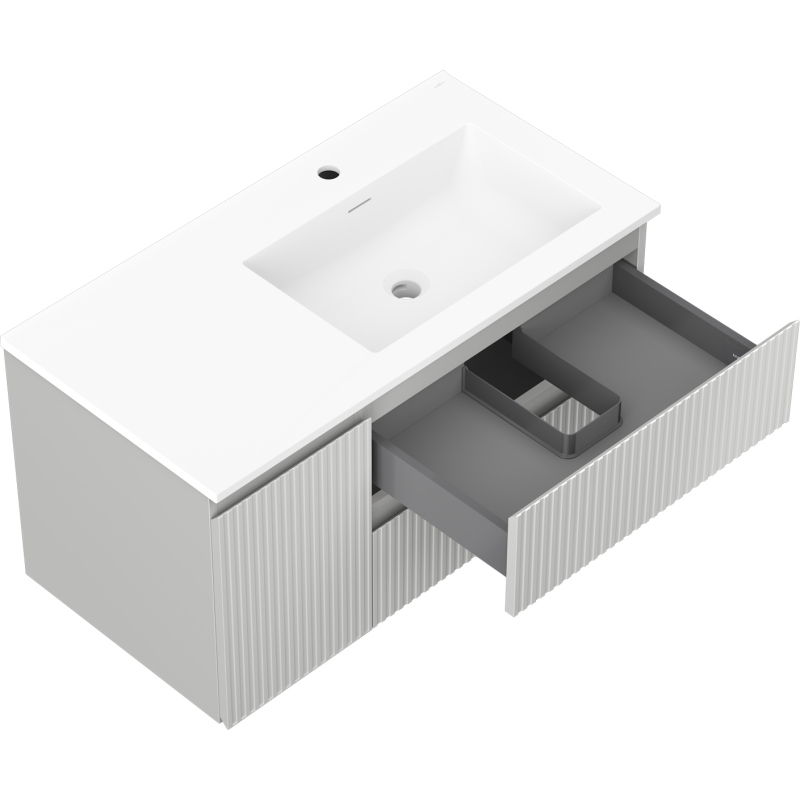 Mexen Rivel meuble de salle de bain 90 cm avec lavabo Otis à droite, 2S, 1D, rainuré, gris mat/blanc mat