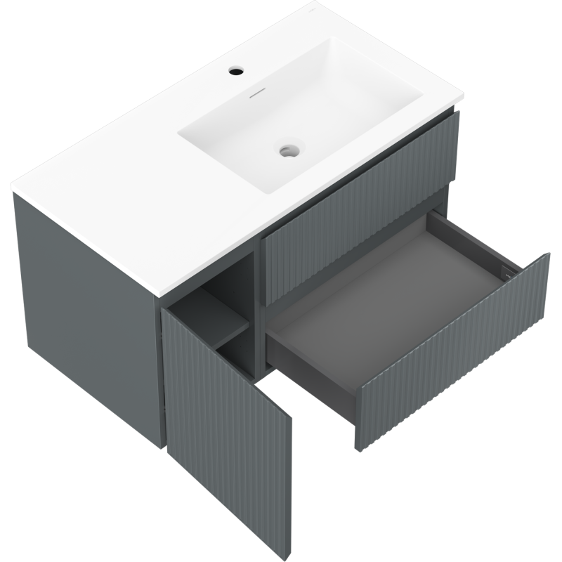 Mexen Rivel meuble de salle de bain 90 cm avec lavabo Otis à droite, 2S, 1D, rainuré, graphite/blanc mat