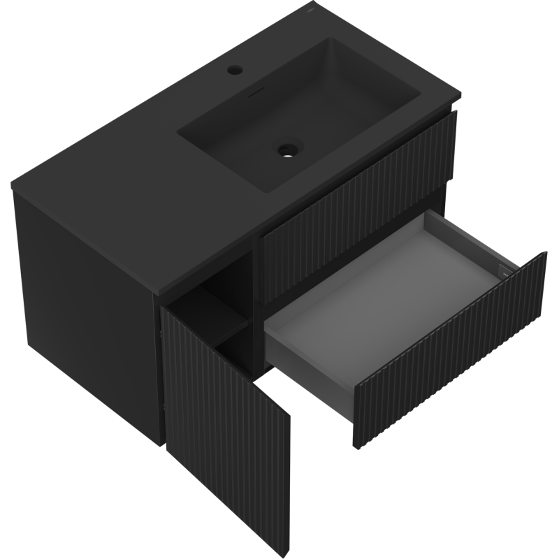 Mexen Rivel meuble-lavabo 90 cm avec lavabo Otis à droite, 2S, 1D, nervuré, noir mat - 91A23-09047-3-BBFFF71-W18P71