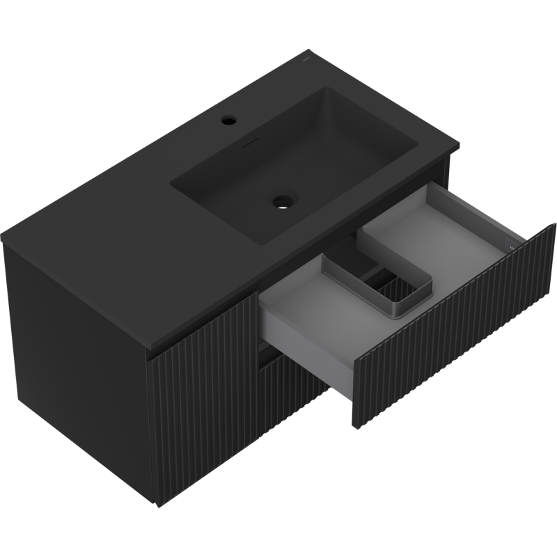 Mexen Rivel meuble-lavabo 90 cm avec lavabo Otis à droite, 2S, 1D, nervuré, noir mat - 91A23-09047-3-BBFFF71-W18P71