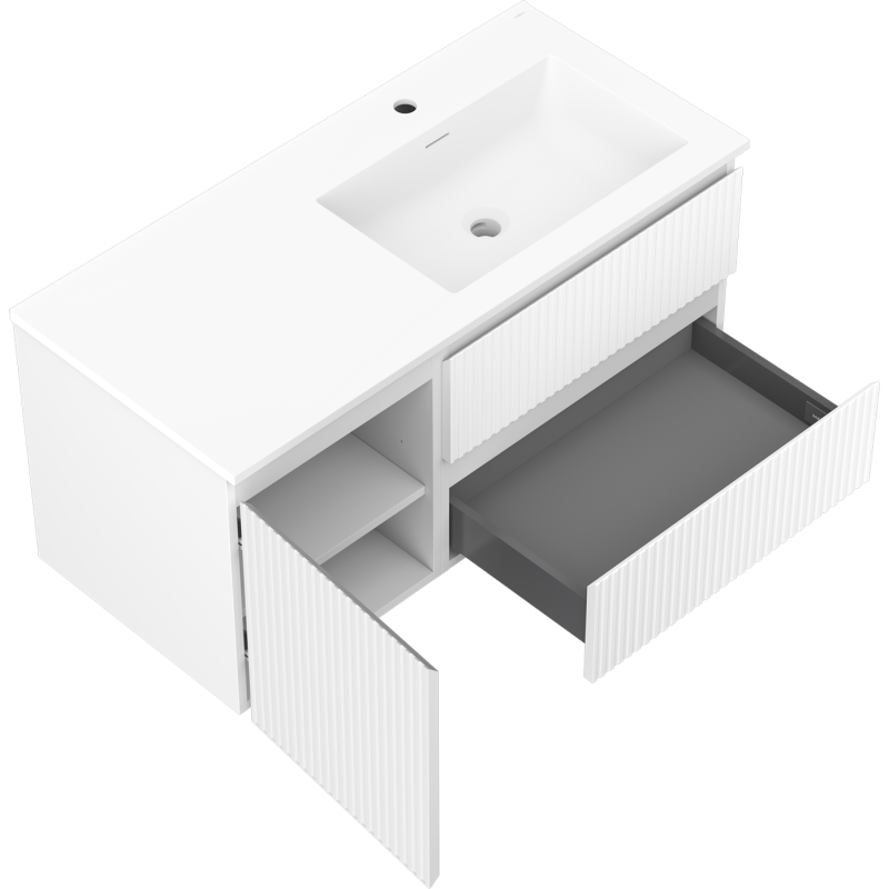 Mexen Rivel meuble de salle de bain 100 cm avec lavabo Otis à droite, 2S, 1D, rainuré, blanc mat - 91A23-10047-3-BBFFF01-W18P01