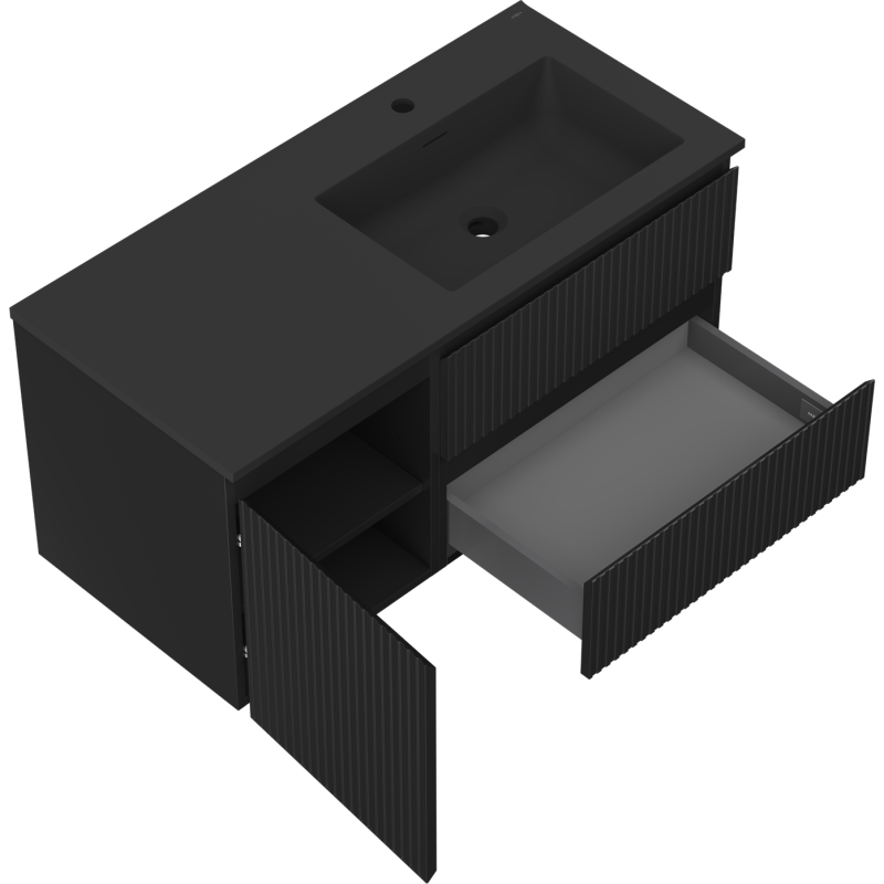 Mexen Rivel meuble de salle de bains 100 cm avec lavabo Otis droit, 2S, 1D, rainuré, noir mat - 91A23-10047-3-BBFFF71-W18P71