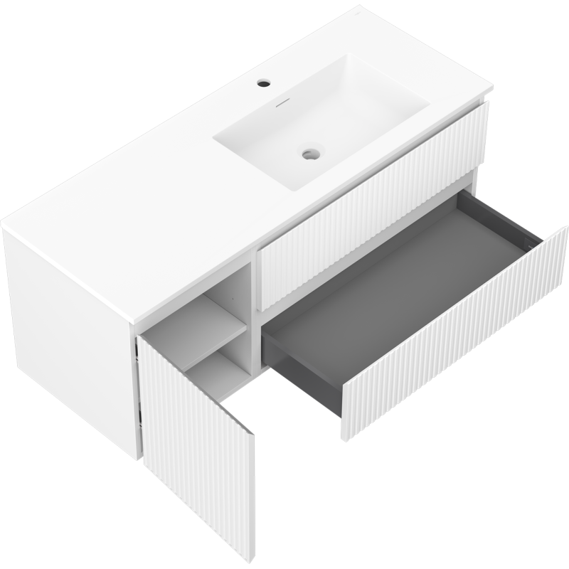 Mexen Rivel armoire de salle de bains 120 cm avec lavabo Otis droit, 2S, 1D, rainurée, blanc mat - 91A23-12047-3-BBFFF01-W18P01
