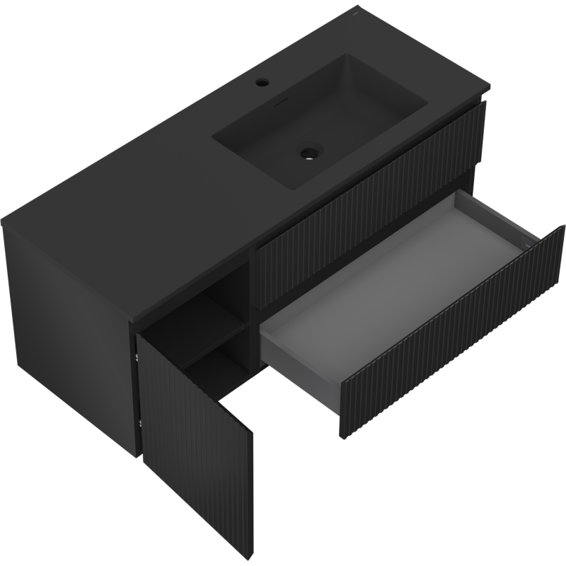 Mexen Rivel meuble de salle de bain 120 cm avec lavabo Otis à droite, 2S, 1D, rainuré, noir mat - 91A23-12047-3-BBFFF71-W18P71