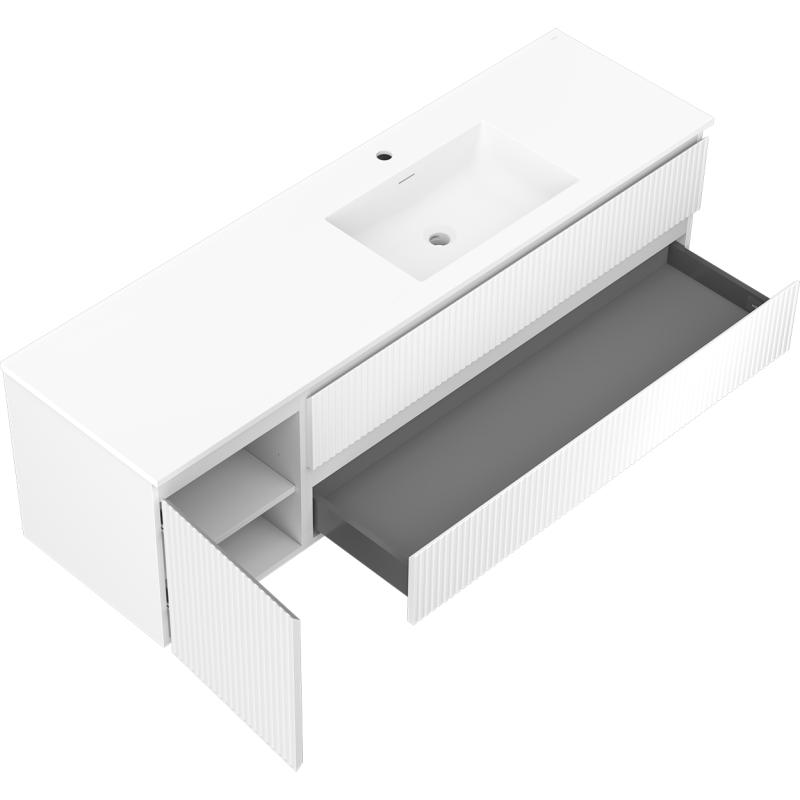 Mexen Rivel meuble de salle de bain 160 cm avec lavabo Otis à droite, 2S, 1D, rainuré, blanc mat - 91A23-16047-3-BBFFF01-W18P01