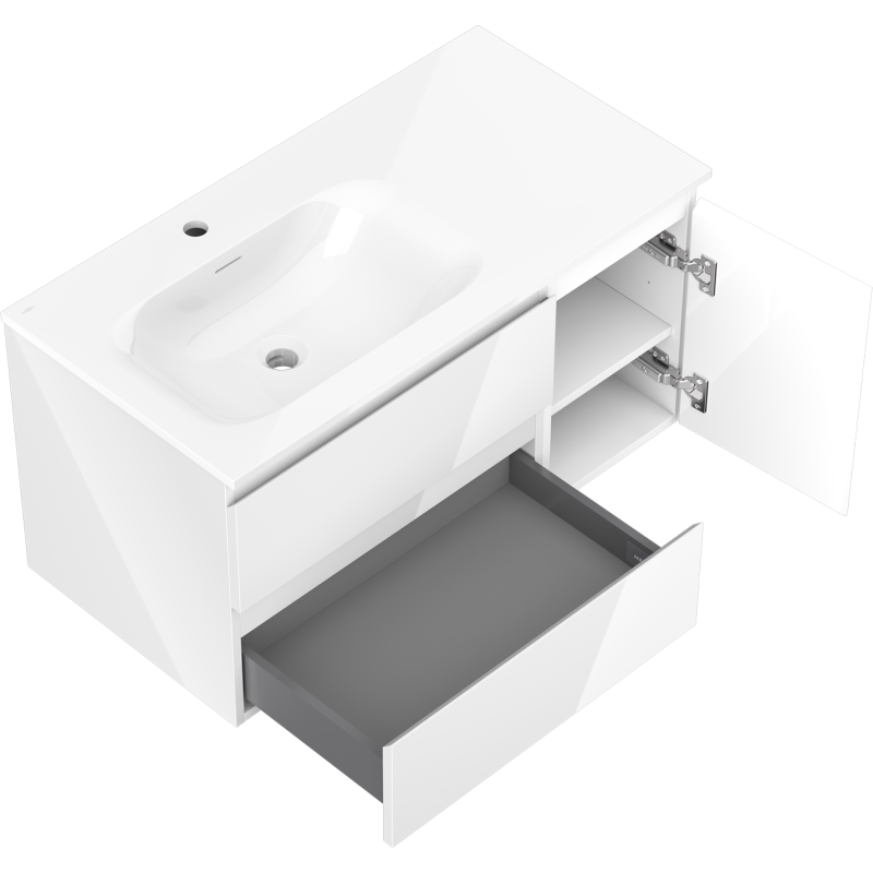 Mexen Orio armoire de salle de bain 90 cm avec lavabo Vela gauche, 2S, 1D, blanc brillant - 91A13-09047-3-BBFFF00-W23L00