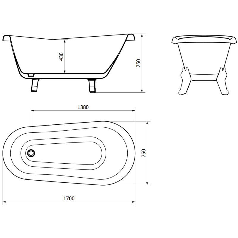 Mexen Retro baignoire autoportante 170 x 75 cm, blanche, pieds blancs - 53251707500-20
