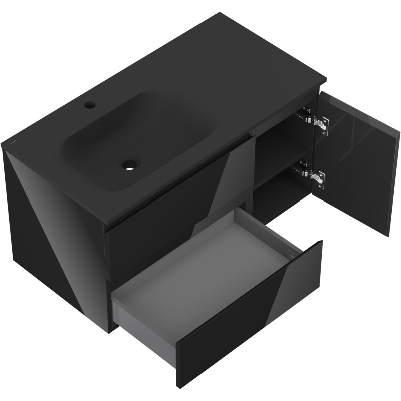 Mexen Orio armoire de salle de bain 90 cm avec lavabo Vela gauche, 2S, 1D, noir brillant/noir mat - 91A13-09047-3-BBFFF70-W23L71