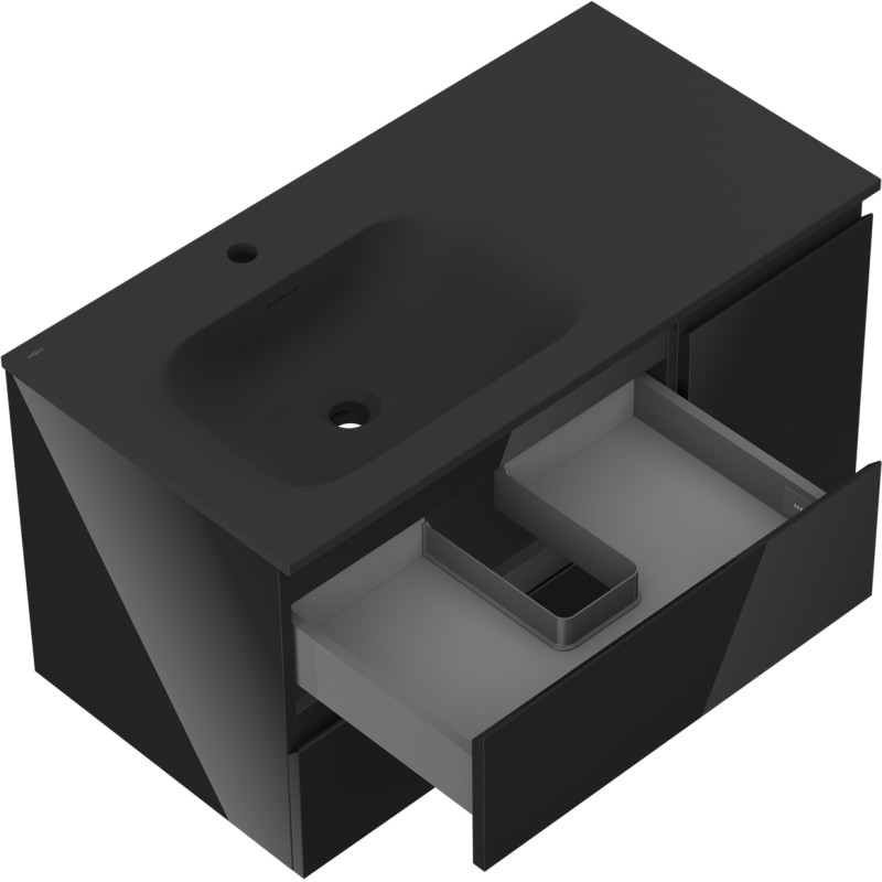 Mexen Orio armoire de salle de bain 90 cm avec lavabo Vela gauche, 2S, 1D, noir brillant/noir mat - 91A13-09047-3-BBFFF70-W23L71