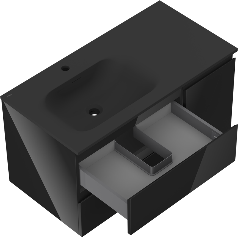 Mexen Orio meuble de salle de bain 90 cm avec lavabo Vela gauche, 2S, 1D, noir brillant/noir mat - 91A13-09047-3-BBFFF70-W23L71