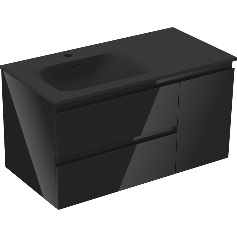 Mexen Orio meuble de salle de bain 90 cm avec lavabo Vela gauche, 2S, 1D, noir brillant/noir mat - 91A13-09047-3-BBFFF70-W23L71
