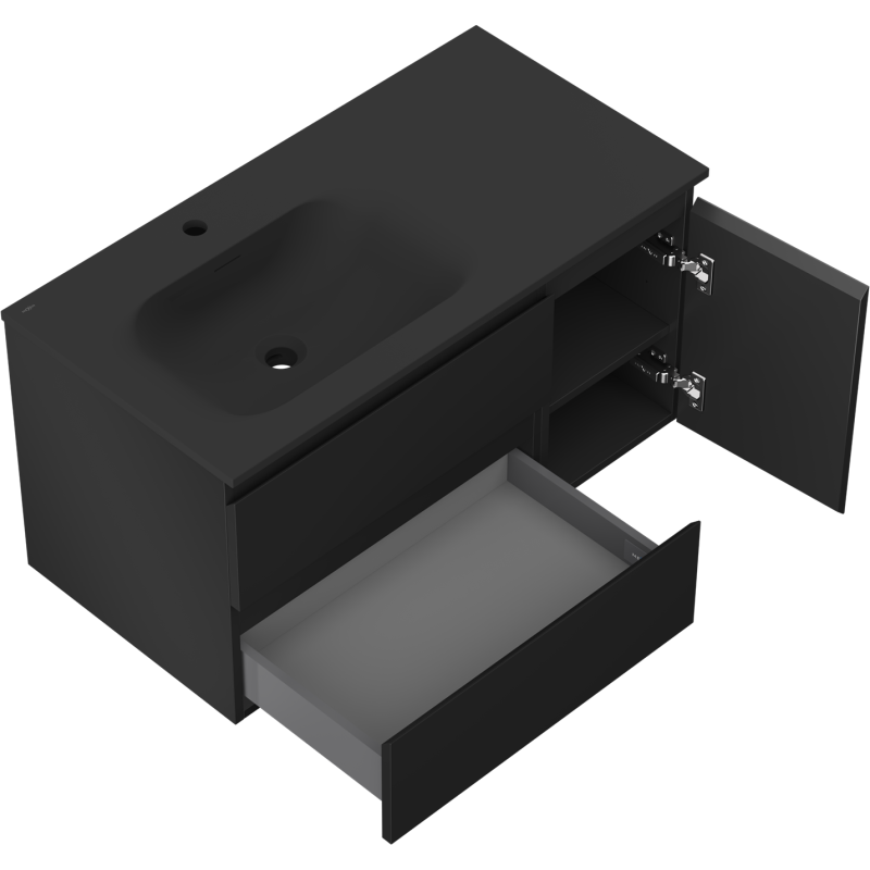 Mexen Orio meuble de salle de bain 90 cm avec lavabo Vela à gauche, 2S, 1D, noir mat - 91A13-09047-3-BBFFF71-W23L71