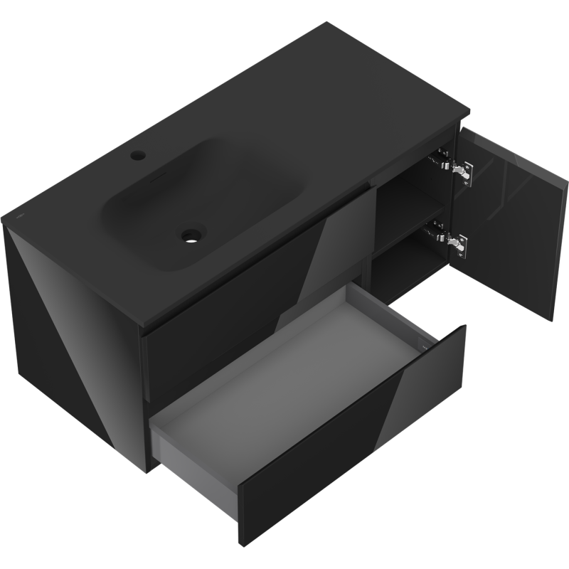 Mexen Orio Armoire de salle de bain 100 cm avec lavabo Vela gauche, 2S, 1D, noir brillant/noir mat