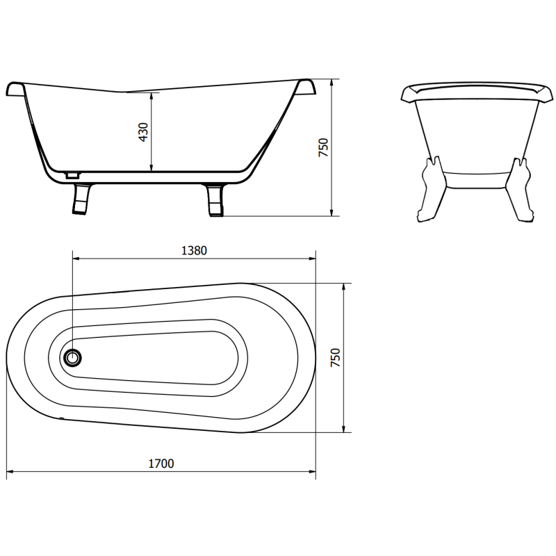 Mexen Retro baignoire autoportante 170 x 75 cm, blanche/noire, pieds chromés - 53251707575-00