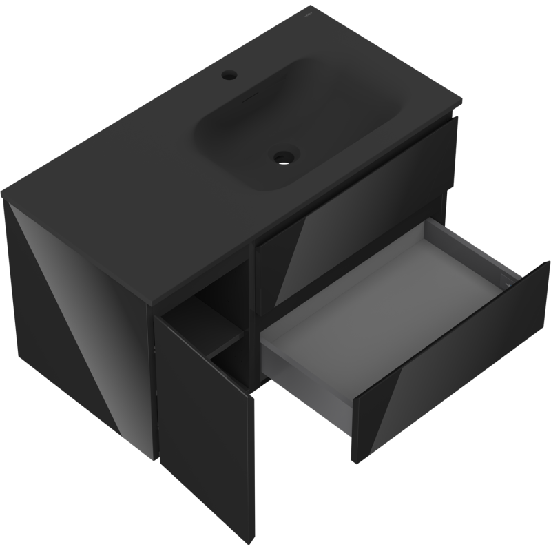Mexen Orio armoire de salle de bain 90 cm avec lavabo Vela droit, 2S, 1D, noir brillant/noir mat - 91A13-09047-3-BBFFF70-W23P71