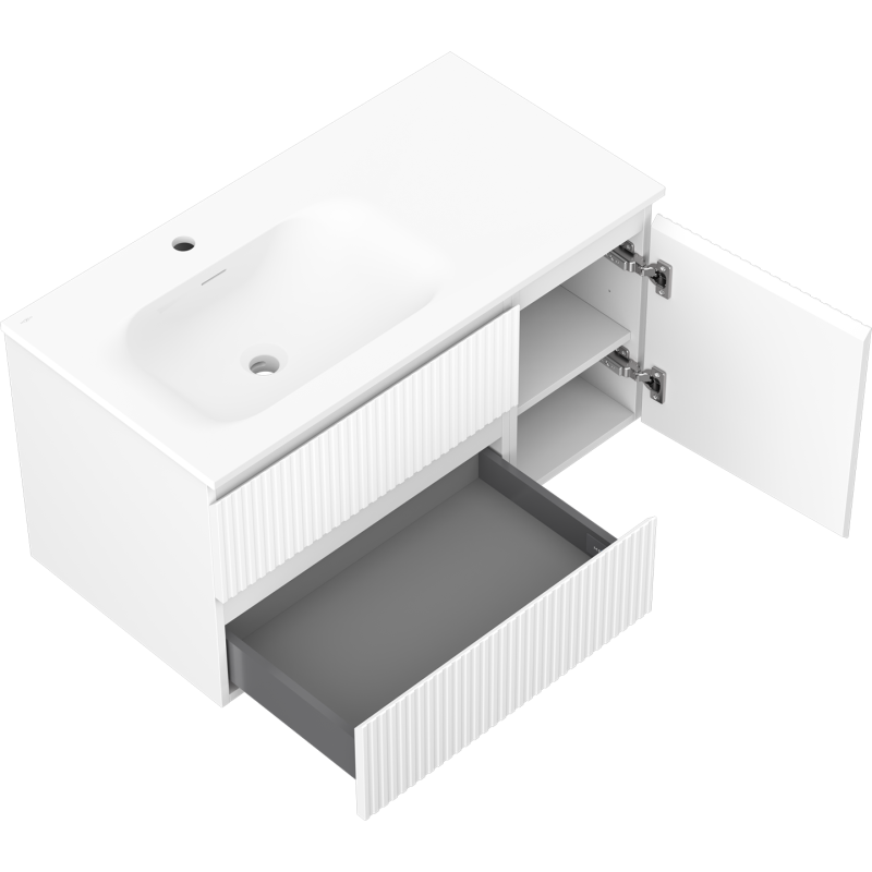 Mexen Rivel meuble de salle de bains 90 cm avec lavabo Vela gauche, 2S, 1D, rainuré, blanc mat - 91A23-09047-3-BBFFF01-W23L01