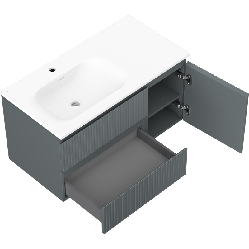 Mexen Rivel armoire de salle de bain 90 cm avec lavabo Vela gauche, 2S, 1D, cannelé, graphite mat/blanc mat