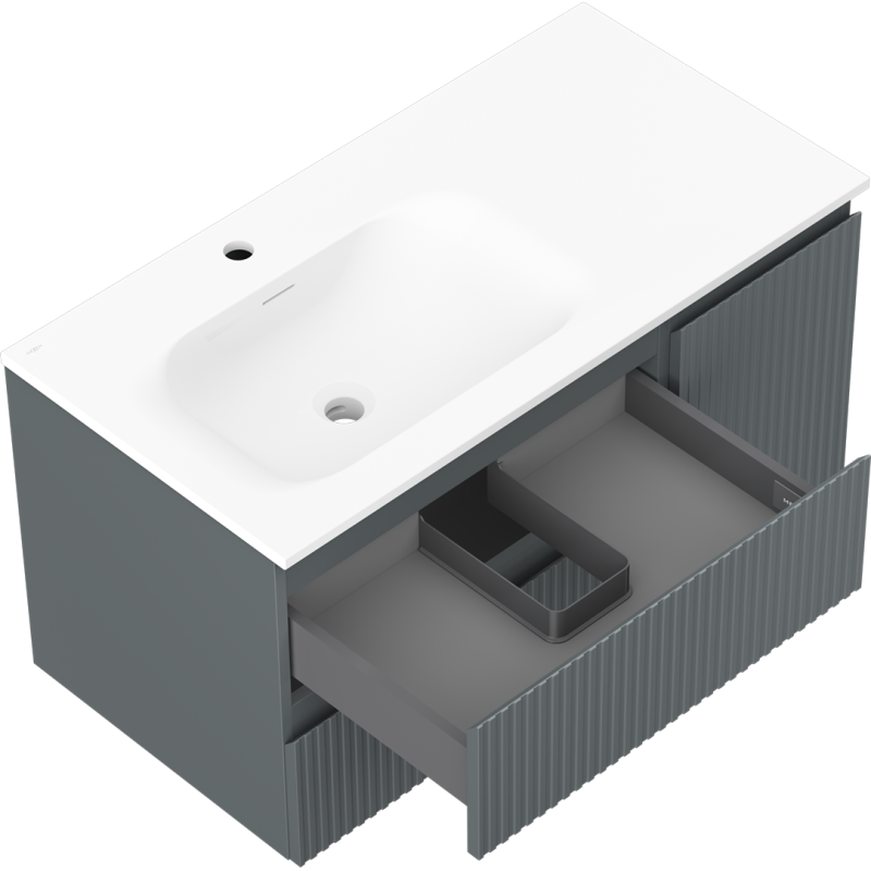 Mexen Rivel armoire de salle de bain 90 cm avec lavabo Vela gauche, 2S, 1D, cannelé, graphite mat/blanc mat