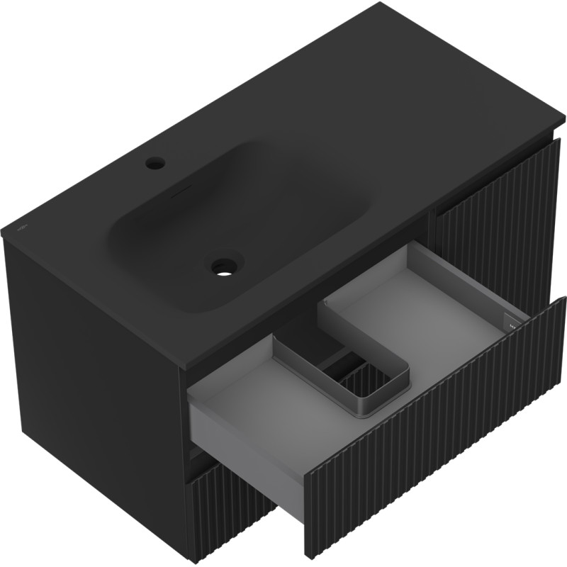 Mexen Rivel meuble de salle de bain 90 cm avec lavabo Vela gauche, 2S, 1D, rainuré, noir mat - 91A23-09047-3-BBFFF71-W23L71