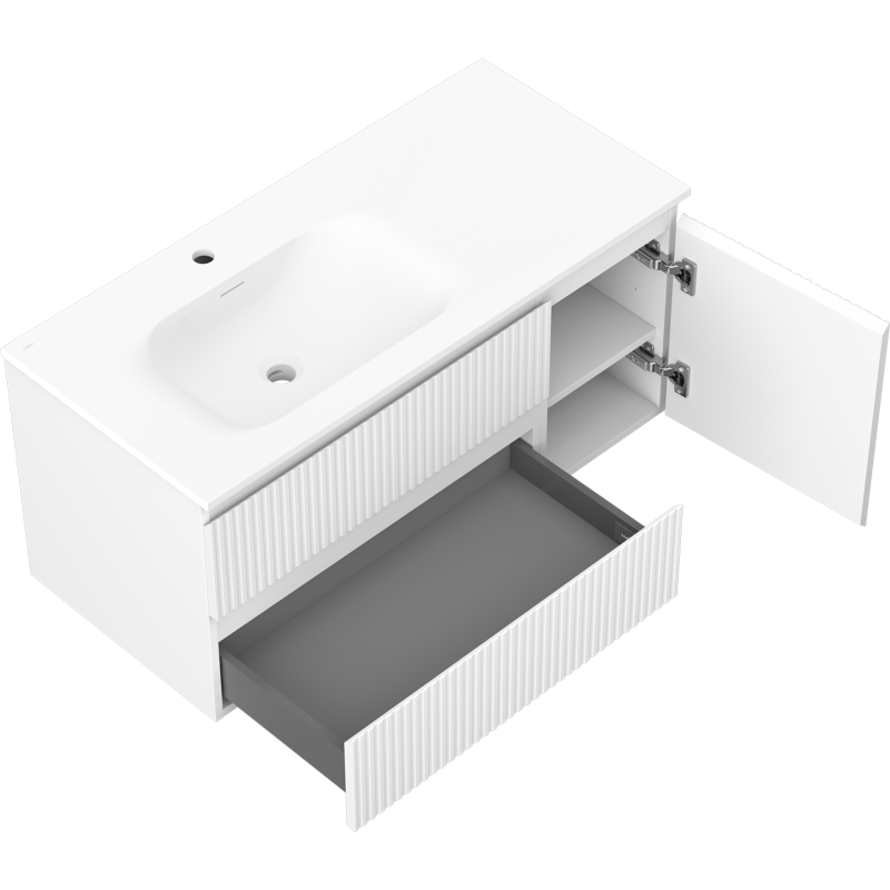 Mexen Rivel armoire de salle de bains 100 cm avec lavabo Vela gauche, 2S, 1D, cannelé, blanc mat - 91A23-10047-3-BBFFF01-W23L01
