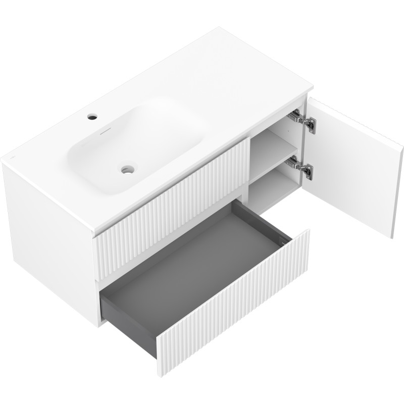 Mexen Rivel meuble de salle de bains 100 cm avec lavabo Vela gauche, 2S, 1D, rainuré, blanc mat - 91A23-10047-3-BBFFF01-W23L01