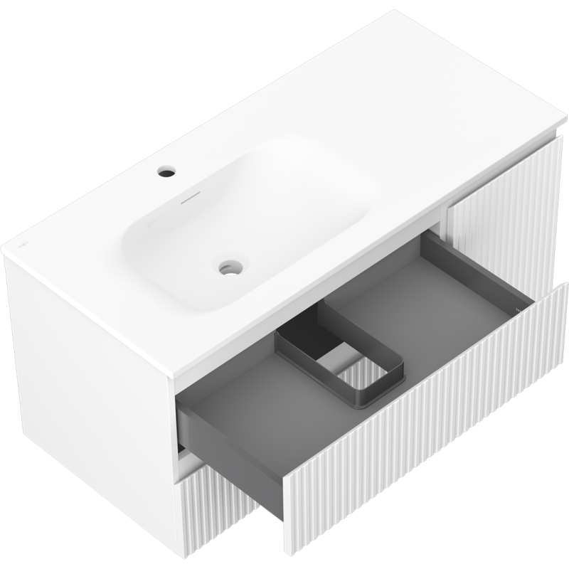 Mexen Rivel armoire de salle de bains 100 cm avec lavabo Vela gauche, 2S, 1D, cannelé, blanc mat - 91A23-10047-3-BBFFF01-W23L01