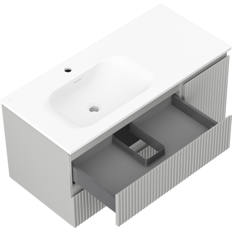 Mexen Rivel meuble de salle de bains 100 cm avec lavabo Vela gauche, 2S, 1D, rainuré, gris mat/blanc mat