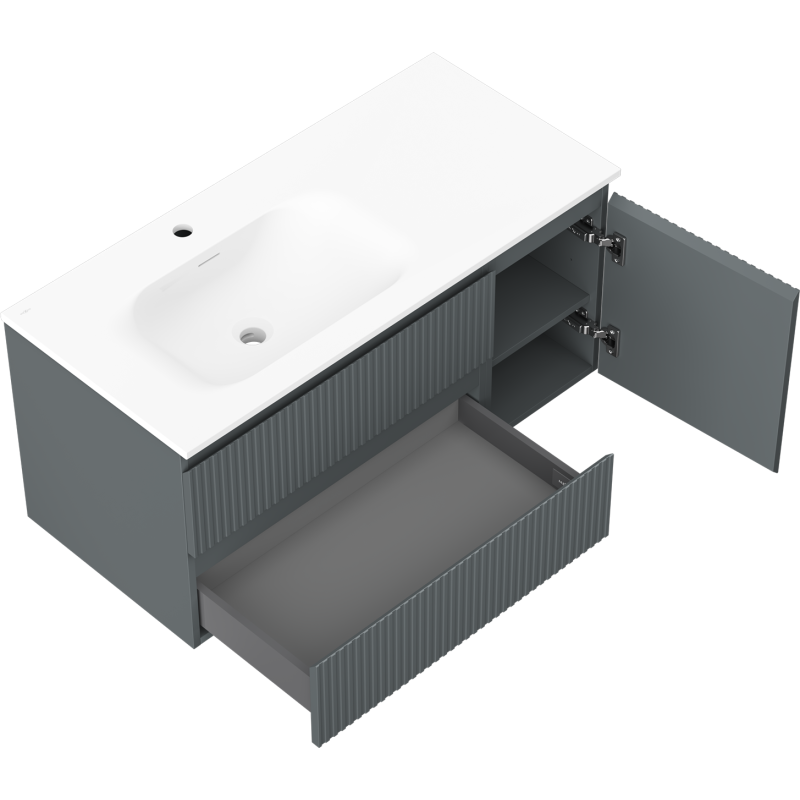 Mexen Rivel armoire de salle de bain 100 cm avec lavabo Vela gauche, 2S, 1D, rainurée, graphite/blanc mat