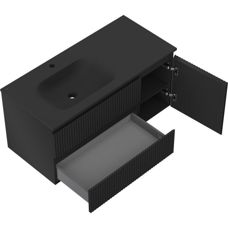 Mexen Rivel armoire de salle de bain 100 cm avec lavabo Vela gauche, 2S, 1D, rainurée, noire mate
