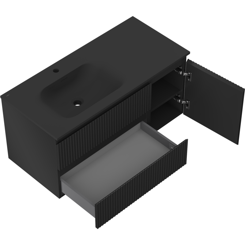 Mexen Rivel meuble de salle de bain 100 cm avec lavabo Vela gauche, 2S, 1D, rainuré, noir mat - 91A23-10047-3-BBFFF71-W23L71