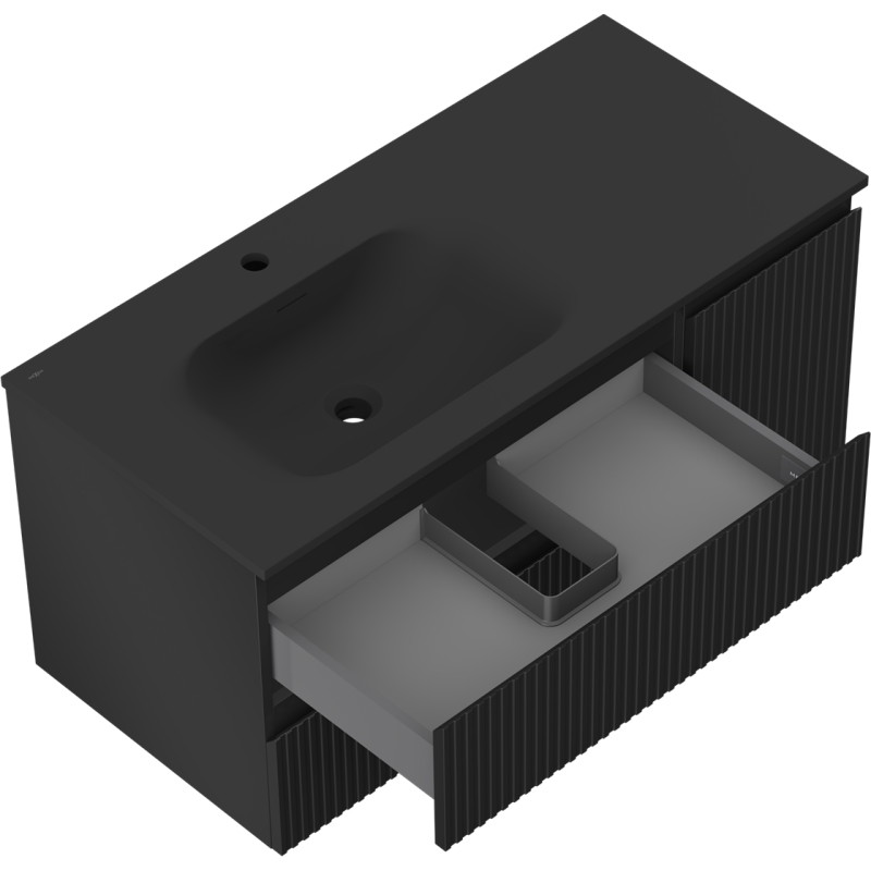 Mexen Rivel armoire de salle de bain 100 cm avec lavabo Vela gauche, 2S, 1D, rainurée, noire mate