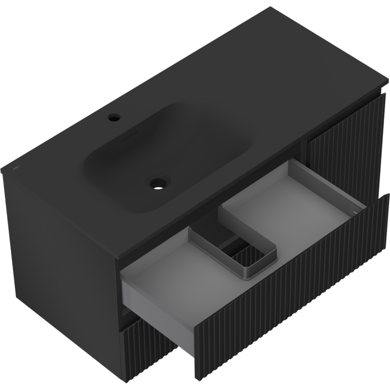 Mexen Rivel meuble de salle de bain 100 cm avec lavabo Vela gauche, 2S, 1D, rainuré, noir mat - 91A23-10047-3-BBFFF71-W23L71