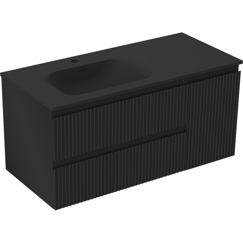 Mexen Rivel meuble de salle de bain 100 cm avec lavabo Vela gauche, 2S, 1D, rainuré, noir mat - 91A23-10047-3-BBFFF71-W23L71