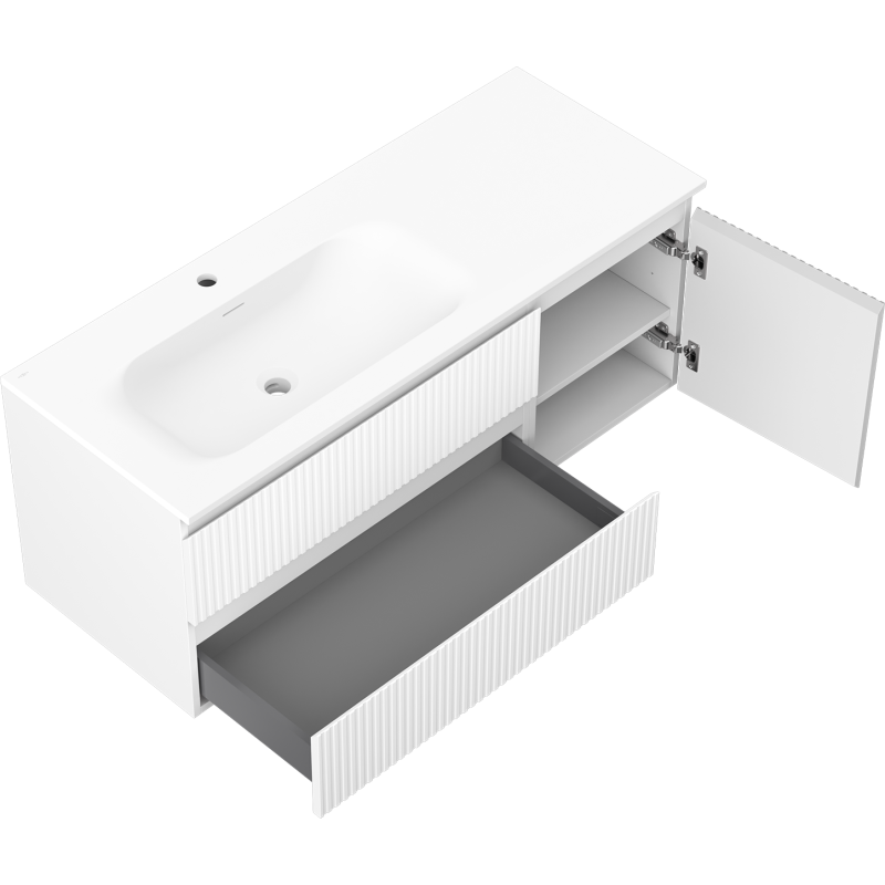 Mexen Rivel armoire de salle de bain 120 cm avec lavabo Vela gauche, 2S, 1D, rainurée, blanc mat - 91A23-12047-3-BBFFF01-W23L01