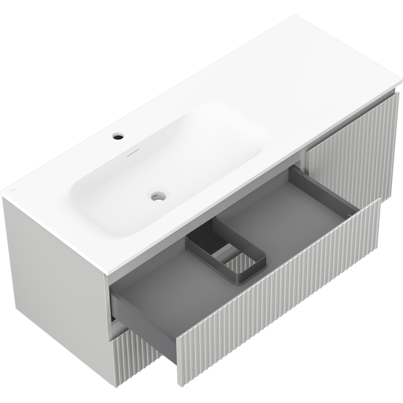 Mexen Rivel meuble de salle de bain 120 cm avec lavabo Vela gauche, 2 tiroirs, 1 porte, rainuré, gris mat/blanc mat
