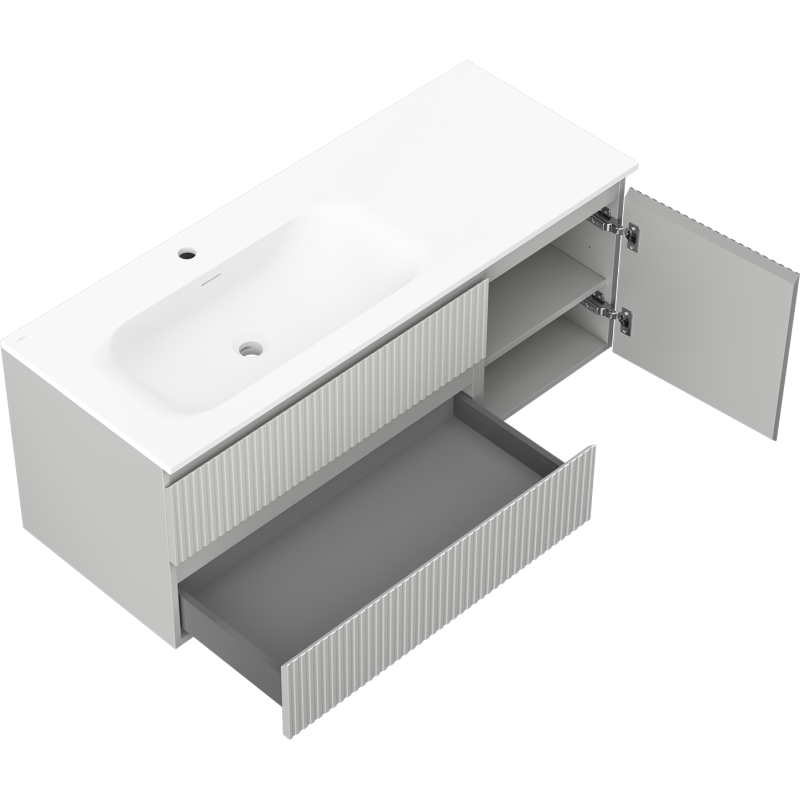 Mexen Rivel meuble de salle de bain 120 cm avec lavabo Vela gauche, 2 tiroirs, 1 porte, rainuré, gris mat/blanc mat