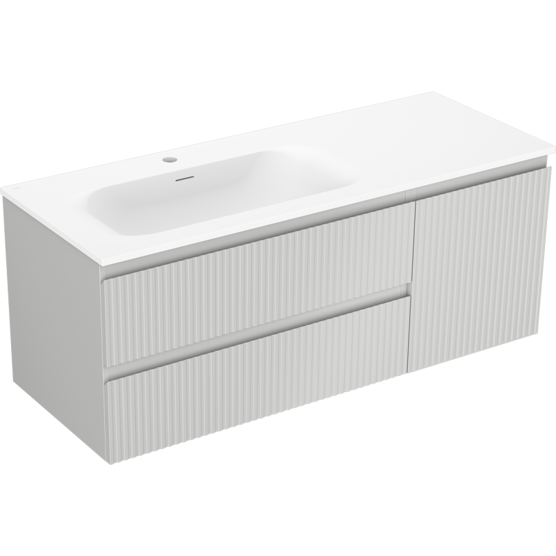 Mexen Rivel meuble de salle de bain 120 cm avec lavabo Vela gauche, 2 tiroirs, 1 porte, rainuré, gris mat/blanc mat