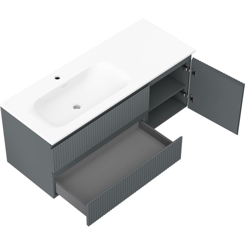 Mexen Rivel armoire de salle de bains 120 cm avec lavabo Vela gauche, 2S, 1D, rainurée, graphite/blanc mat