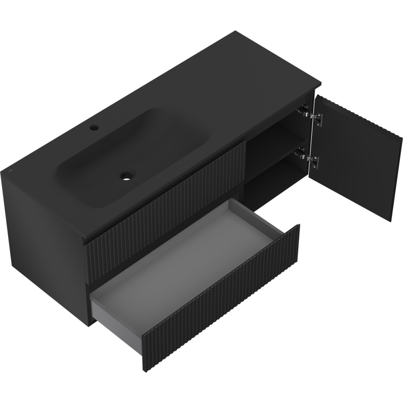 Mexen Rivel meuble de salle de bain 120 cm avec lavabo Vela à gauche, 2S, 1D, rainuré, noir mat - 91A23-12047-3-BBFFF71-W23L71