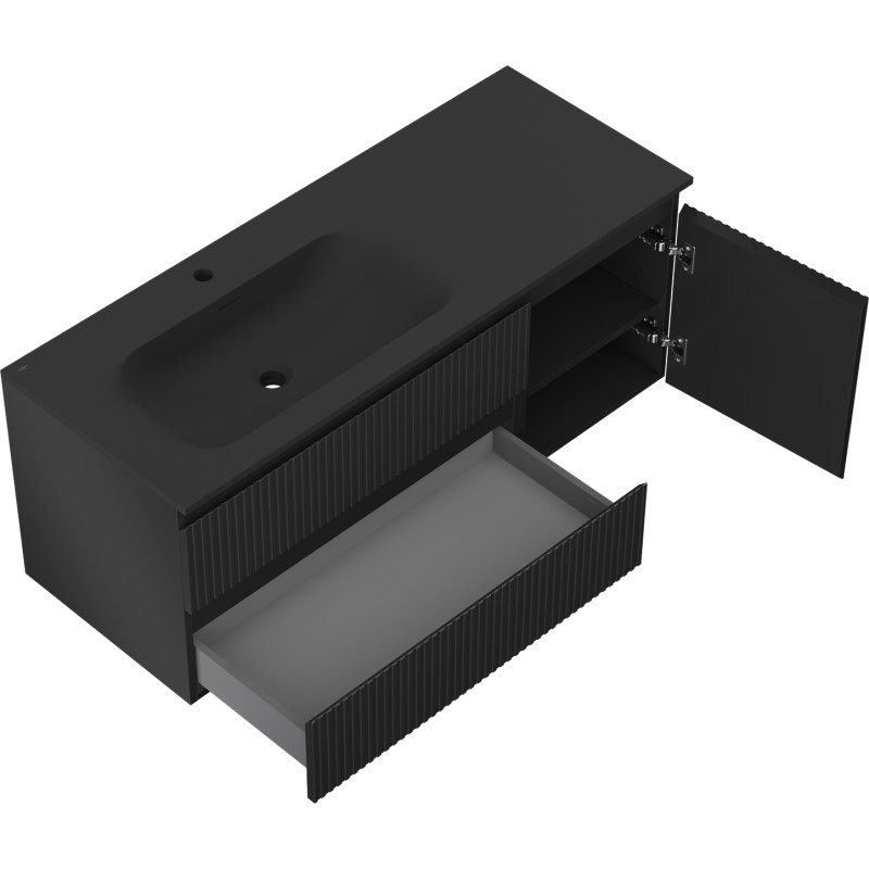 Mexen Rivel meuble de salle de bain 120 cm avec lavabo Vela gauche, 2T, 1P, rainuré, noir mat - 91A23-12047-3-BBFFF71-W23L71