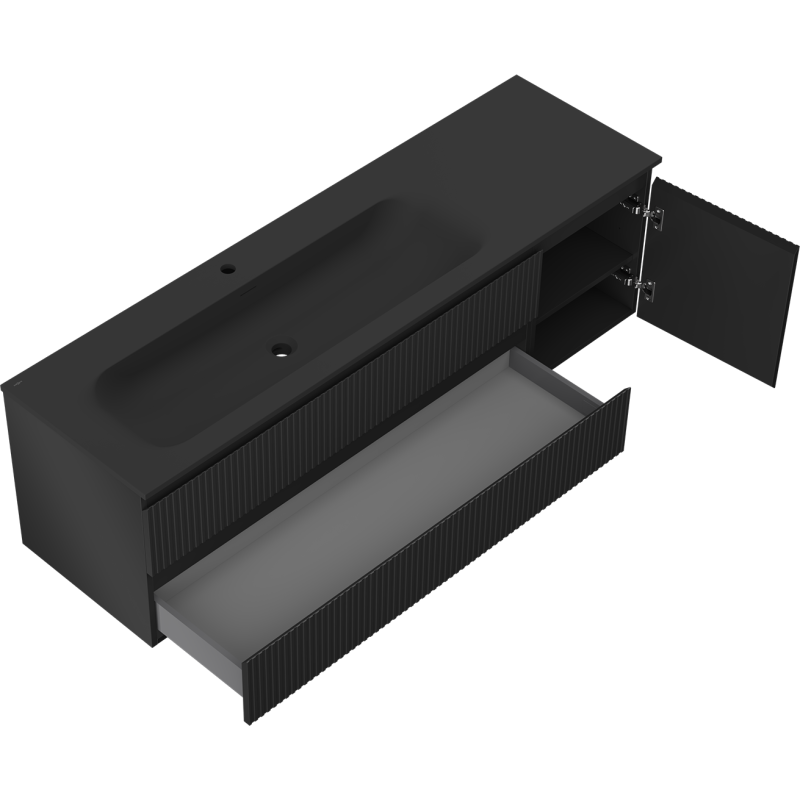 Mexen Rivel armoire de salle de bain 160 cm avec lavabo Vela gauche, 2S, 1D, rainurée, noir mat - 91A23-16047-3-BBFFF71-W23L71