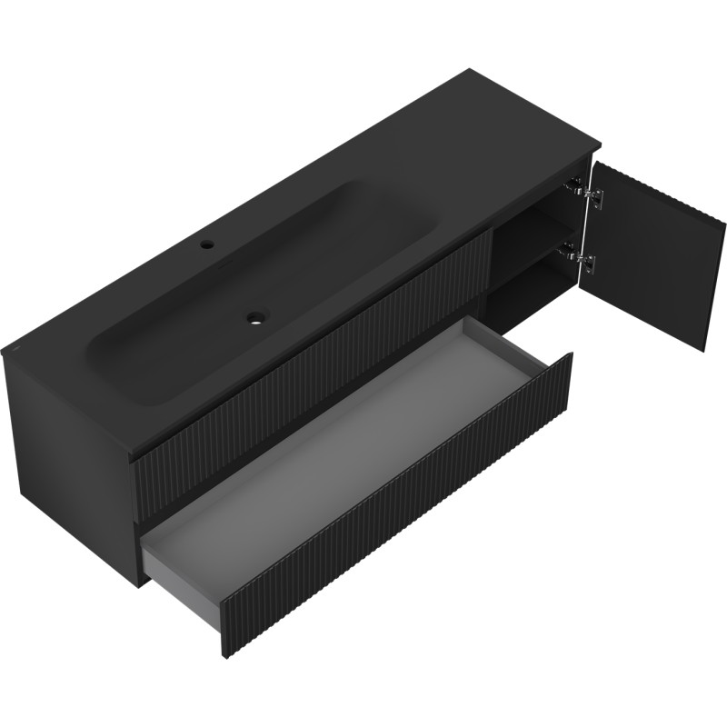 Mexen Rivel armoire de salle de bains 160 cm avec lavabo Vela gauche, 2T, 1P, cannelée, noir mat - 91A23-16047-3-BBFFF71-W23L71