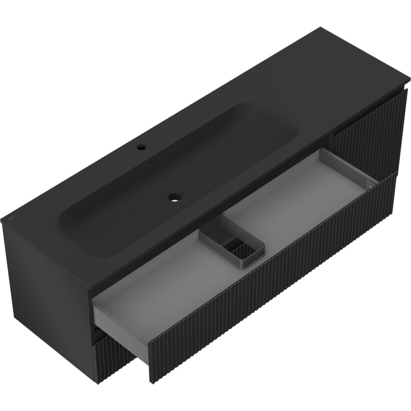 Mexen Rivel armoire de salle de bains 160 cm avec lavabo Vela gauche, 2T, 1P, cannelée, noir mat - 91A23-16047-3-BBFFF71-W23L71