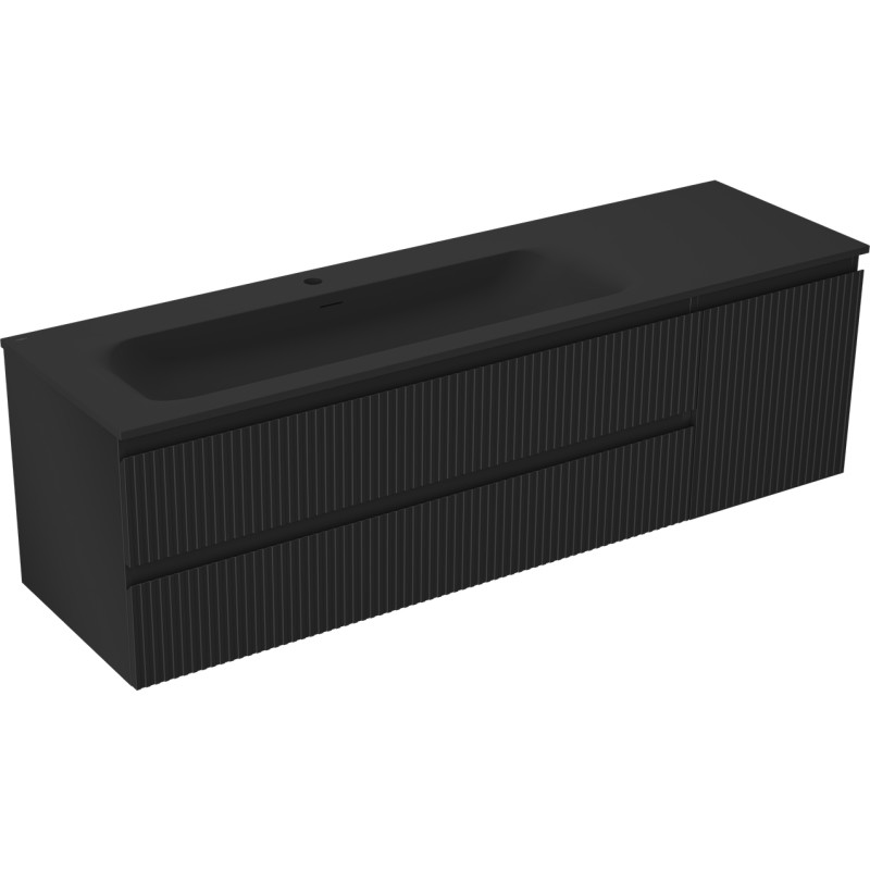 Mexen Rivel armoire de salle de bains 160 cm avec lavabo Vela gauche, 2T, 1P, cannelée, noir mat - 91A23-16047-3-BBFFF71-W23L71