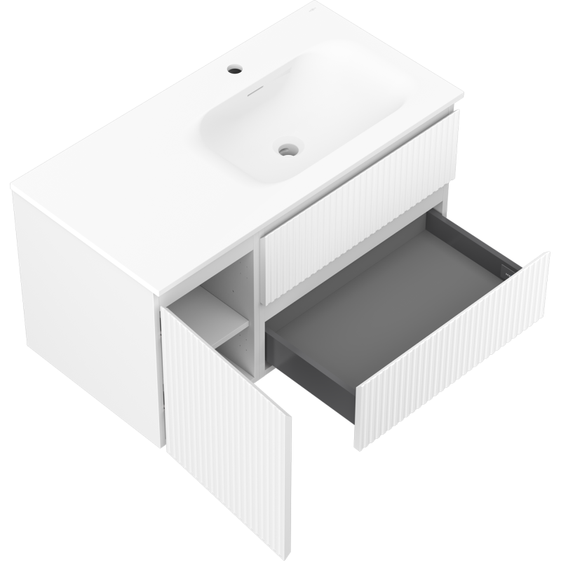 Mexen Rivel meuble de salle de bain 90 cm avec lavabo Vela droit, 2S, 1D, rainuré, blanc mat - 91A23-09047-3-BBFFF01-W23P01