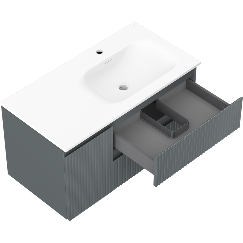 Mexen Rivel placard de salle de bain 90 cm avec lavabo Vela à droite, 2S, 1D, cannelé, graphite/blanc mat