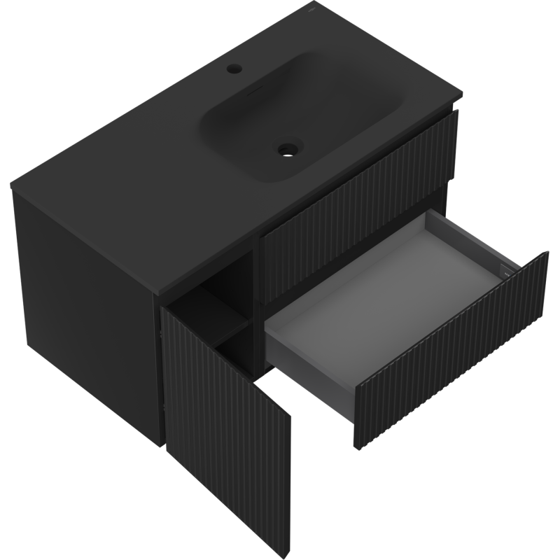Mexen Rivel armoire de salle de bain 90 cm avec lavabo Vela à droite, 2S, 1D, rainurée, noir mat - 91A23-09047-3-BBFFF71-W23P71