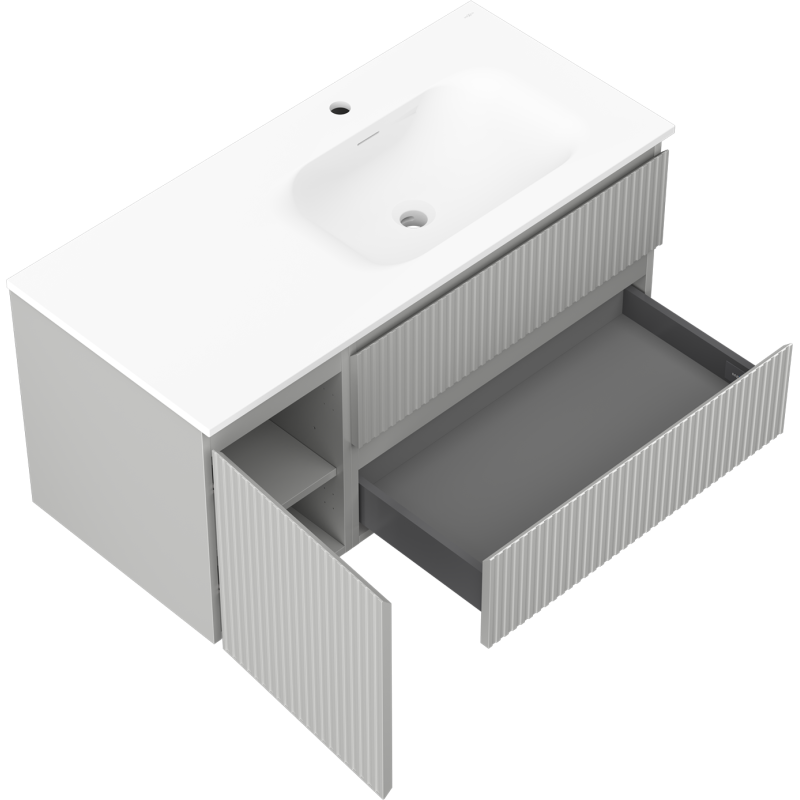 Mexen Rivel meuble de salle de bain 100 cm avec lavabo Vela à droite, 2S, 1D, cannelé, gris/blanc mat