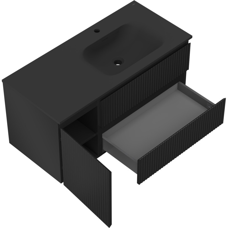 Mexen Rivel armoire de salle de bains 120 cm avec lavabo Vela droit, 2T, 1P, rainuré, noir mat - 91A23-10047-3-BBFFF71-W23P71