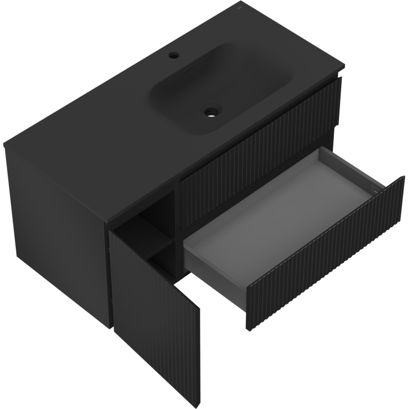 Mexen Rivel meuble de salle de bain 120 cm avec lavabo Vela à droite, 2S, 1D, rainuré, noir mat - 91A23-10047-3-BBFFF71-W23P71